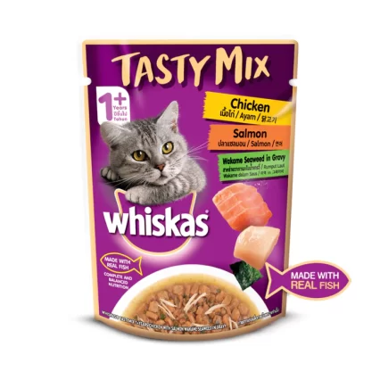 Whiskas Adult Tasty Mix Wet Cat Food Made With Real Fish, Chicken,Salmon,Wakame seeds - 70 g SALMON