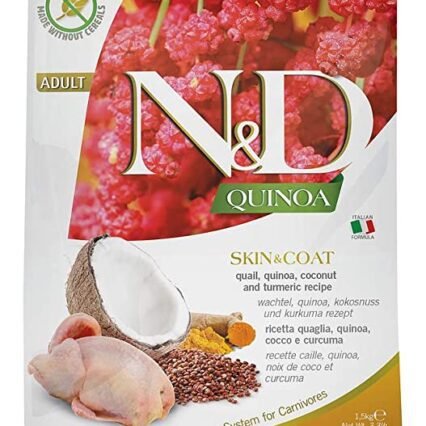 FARMINA N&D Quinoa Skin and Coat Dry Cat Food, Adult, Grain-Free,Quail Coconut and Turmeric