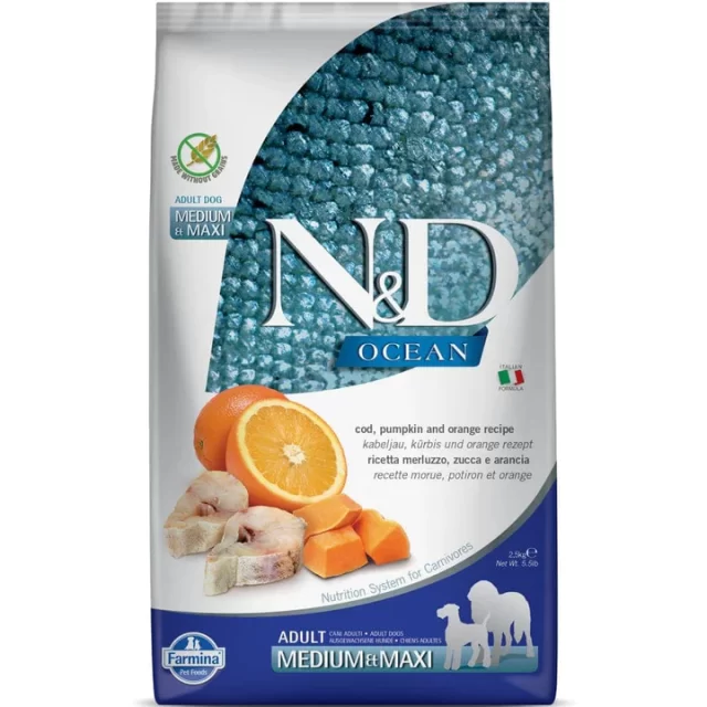 Farmina N&D Adult Medium & Maxi Ocean Pumpkin COD Fish &Orange, Grain-Free, Dry Dog Food
