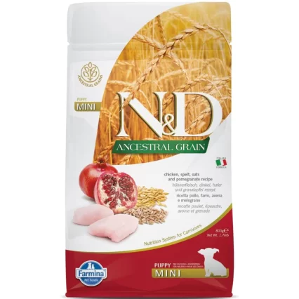 Farmina N&D Ancestral Grain Dry Dog Food, Puppy Mini Breed, Chicken and Pomegranate
