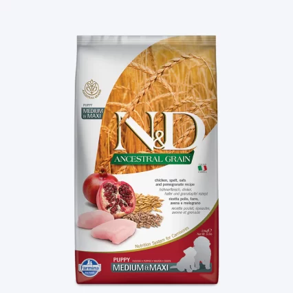 FARMINA PET FOODS N&D Ancestral Grain Dog Dry Food For Puppy - Chicken & Pomegranate, Medium & Maxi Breed